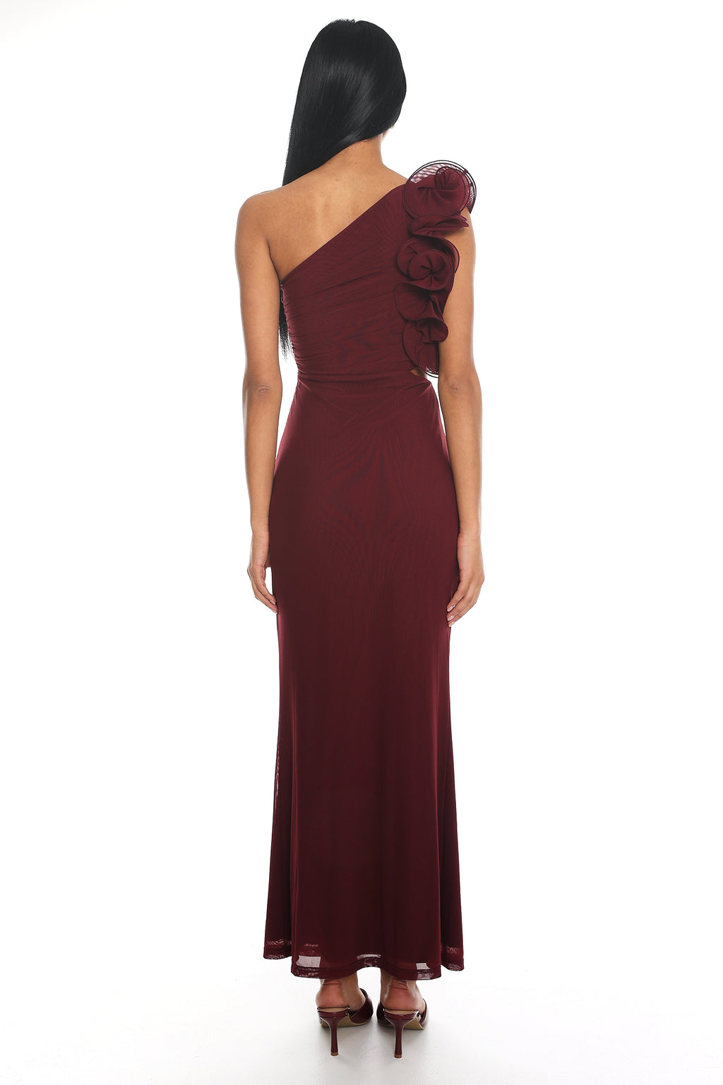 Deanna One-Shoulder Ruffle Maxi Dress Wine by Selfie Leslie Australia