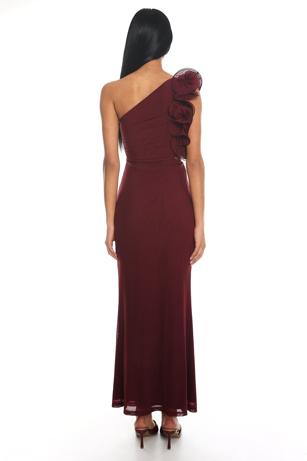Deanna One-Shoulder Ruffle Maxi Dress Wine by Selfie Leslie Australia