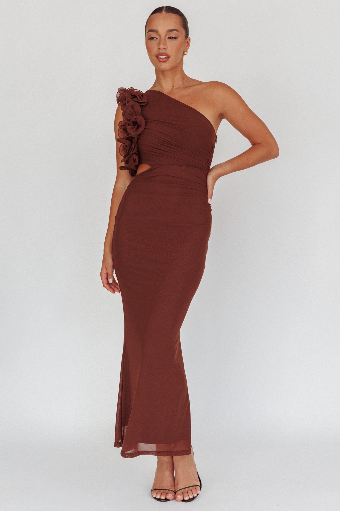 Deanna One-Shoulder Ruffle Maxi Dress Brown by Selfie Leslie Australia