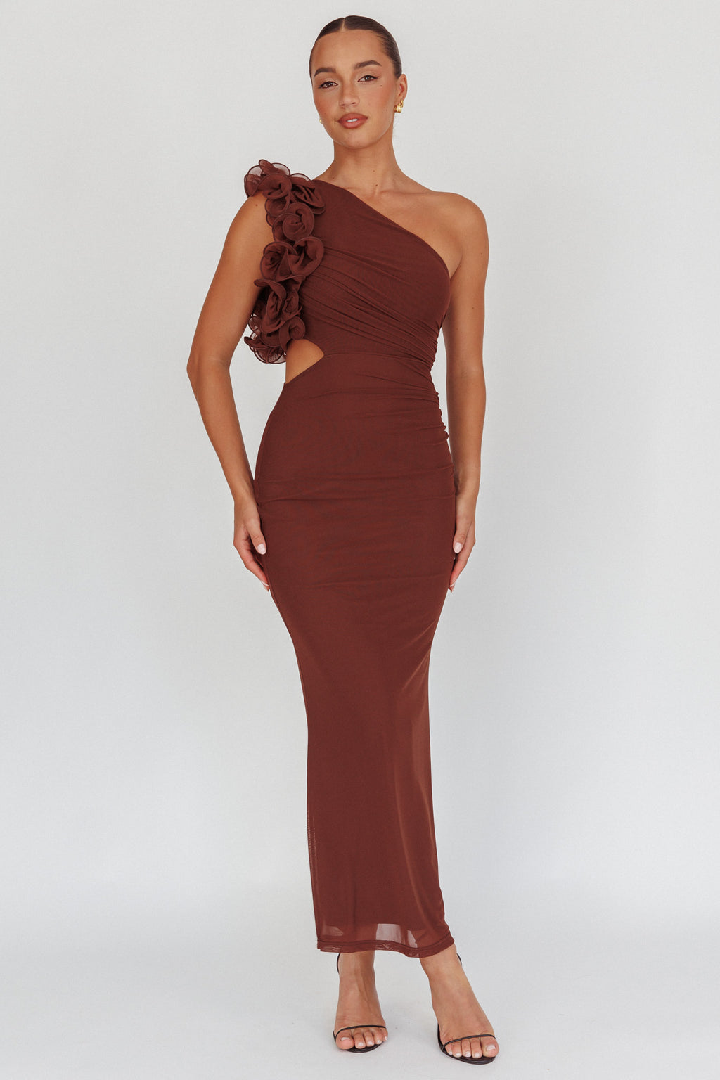Deanna One-Shoulder Ruffle Maxi Dress Brown by Selfie Leslie Australia
