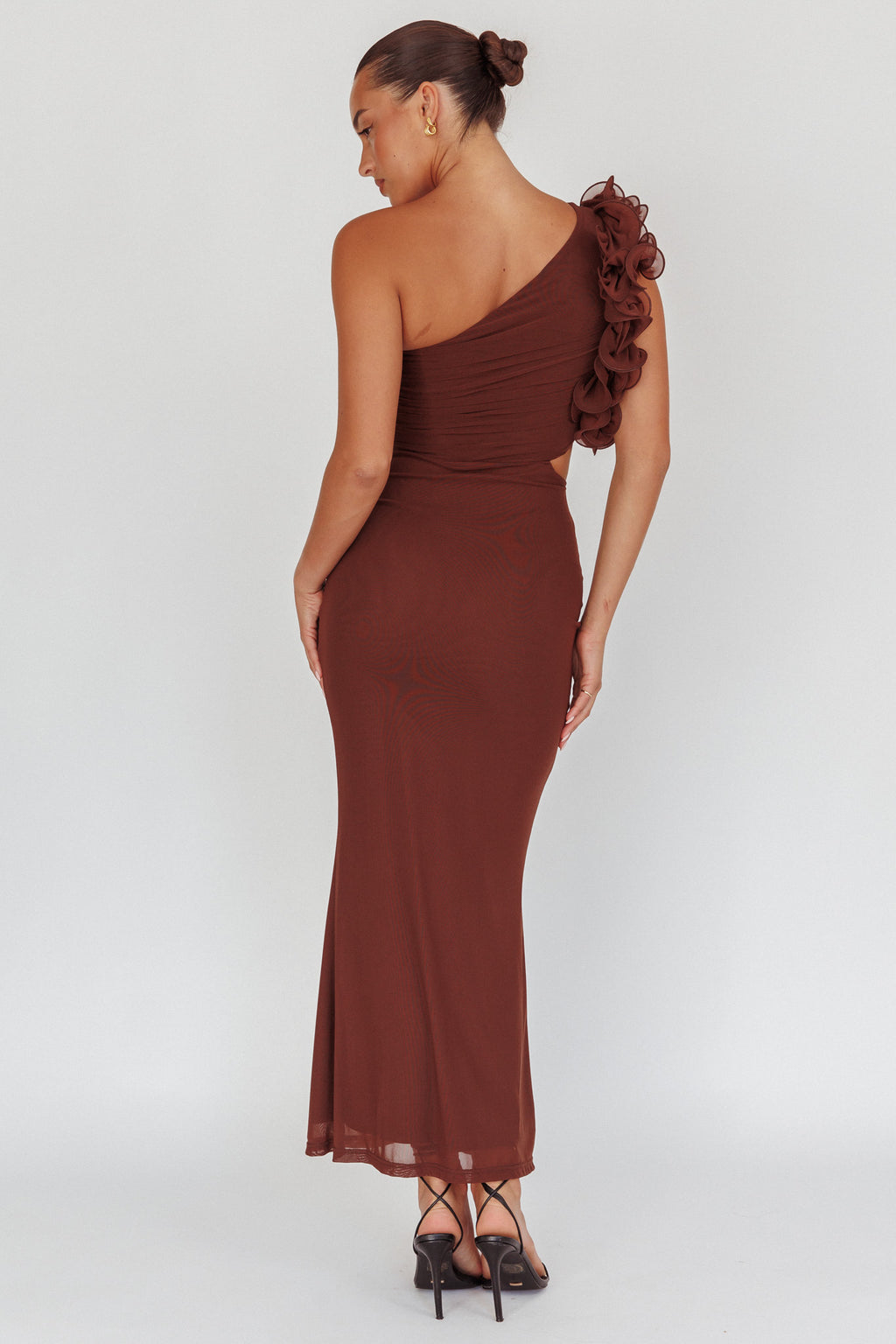Deanna One-Shoulder Ruffle Maxi Dress Brown by Selfie Leslie Australia