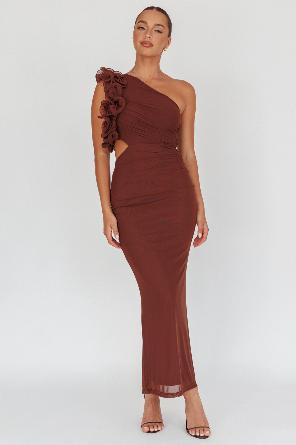 Deanna One-Shoulder Ruffle Maxi Dress Brown by Selfie Leslie Australia