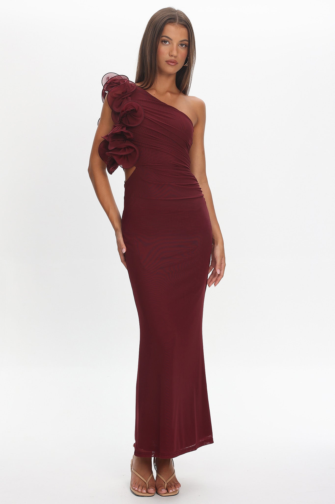 Deanna One-Shoulder Ruffle Maxi Dress Wine by Selfie Leslie Australia