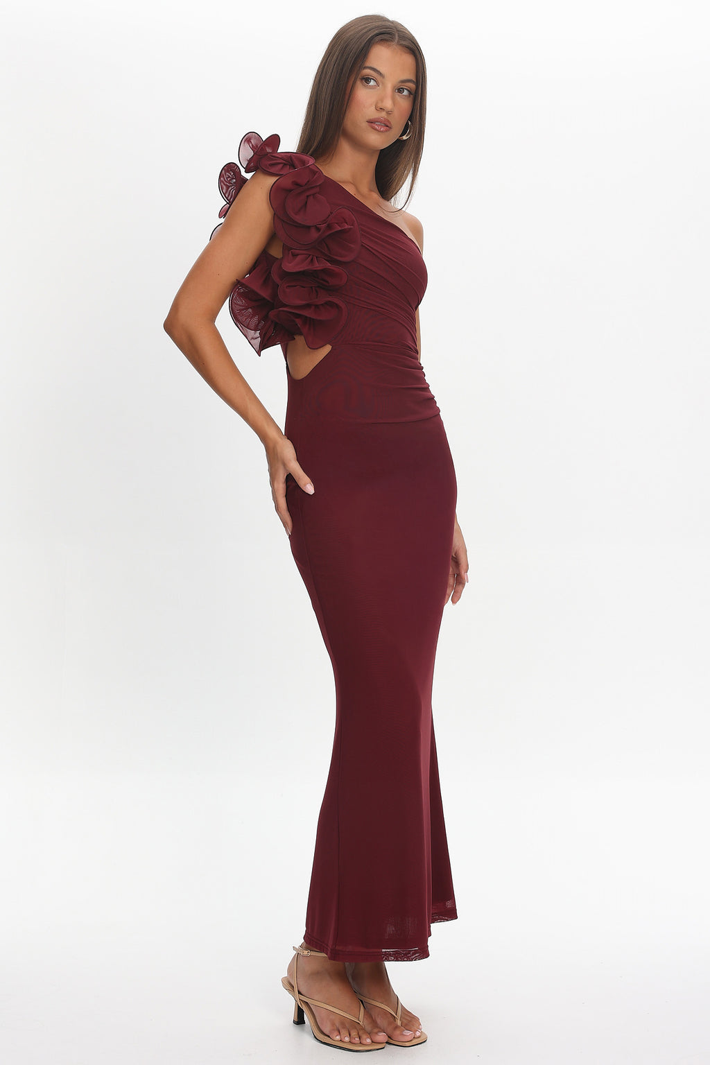 Deanna One-Shoulder Ruffle Maxi Dress Wine by Selfie Leslie Australia