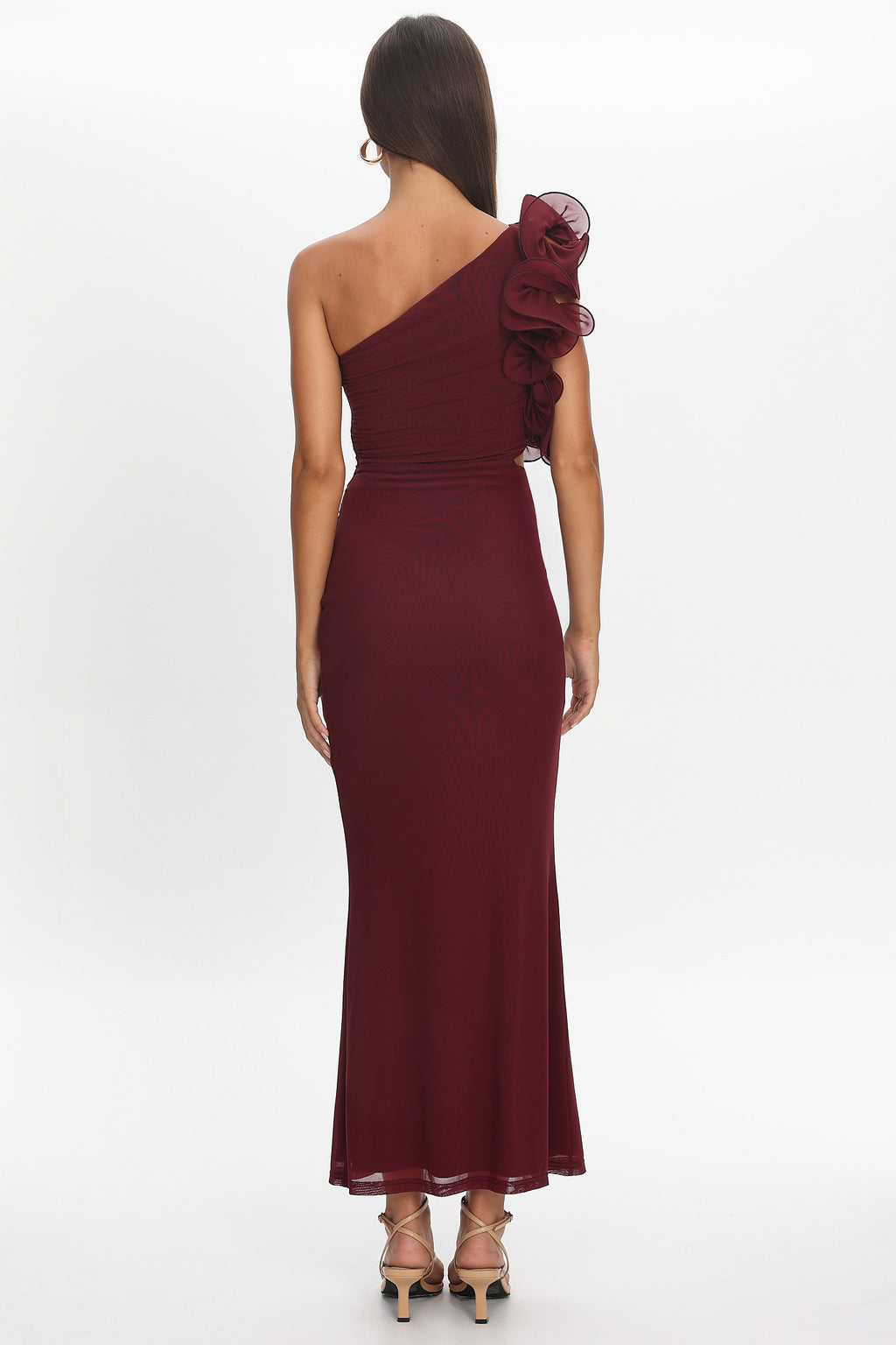 Deanna One-Shoulder Ruffle Maxi Dress Wine by Selfie Leslie Australia