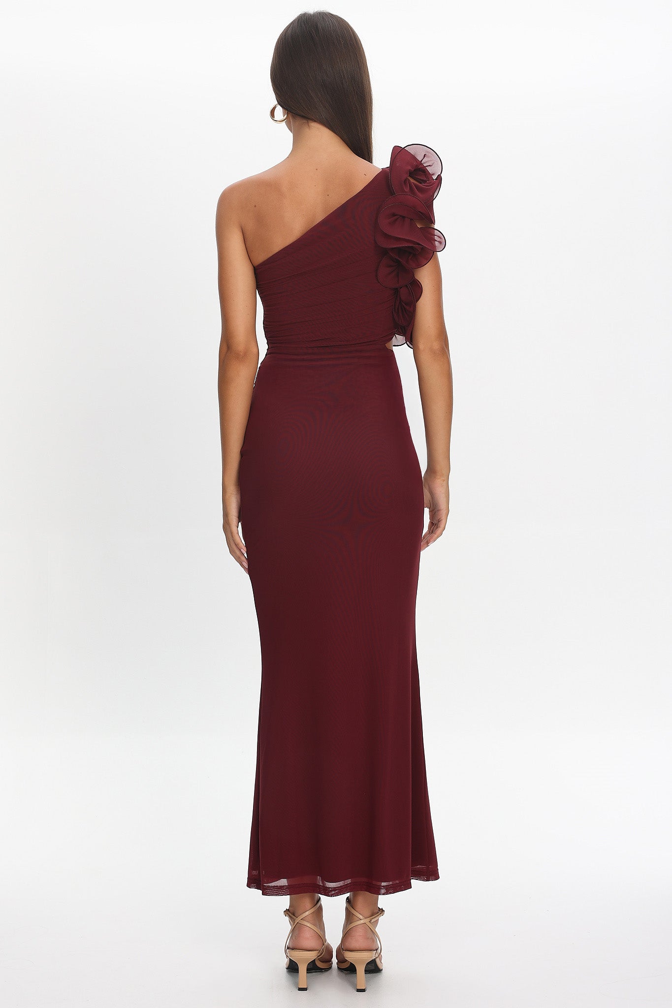 Deanna One-Shoulder Ruffle Maxi Dress Wine by Selfie Leslie Australia