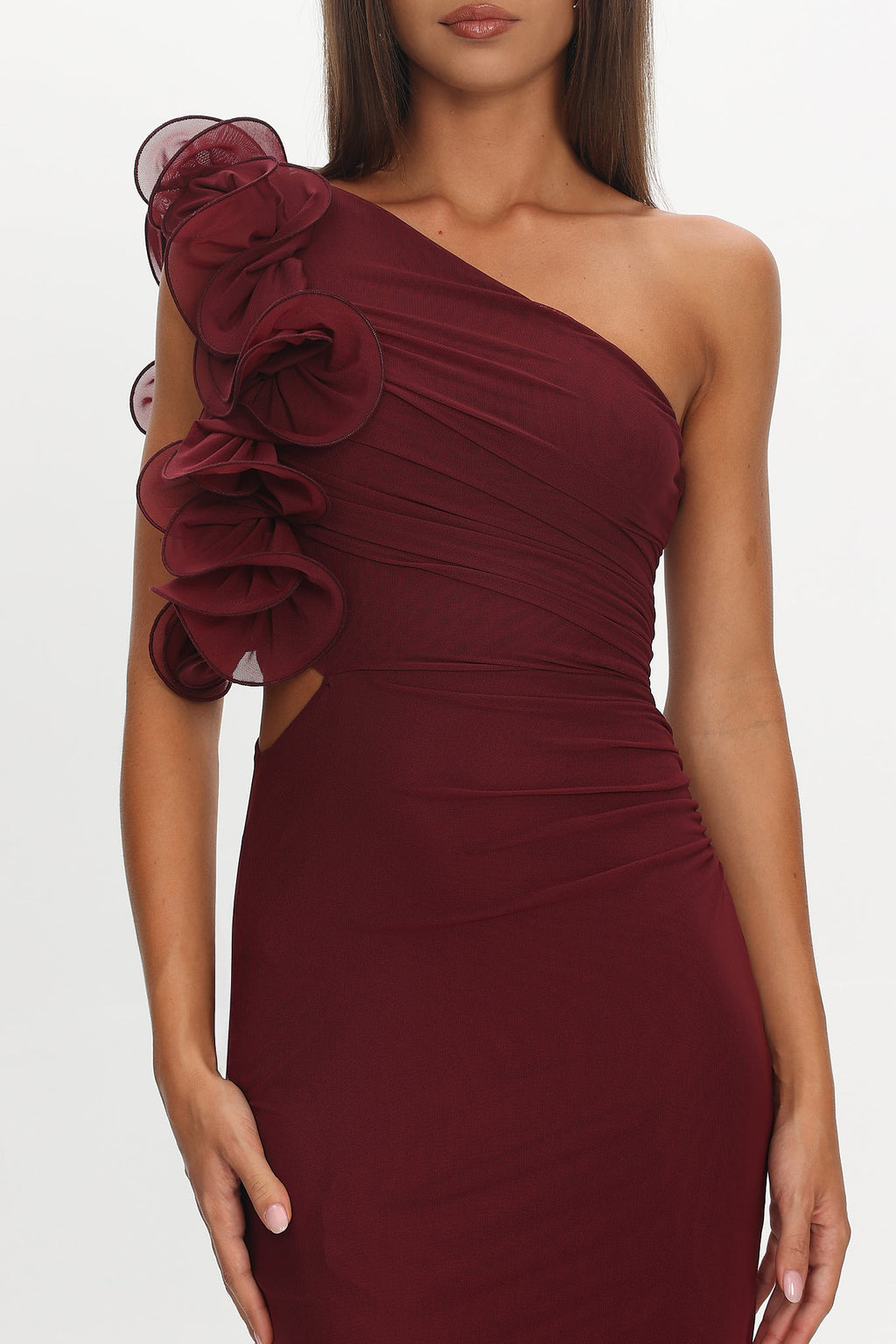 Deanna One-Shoulder Ruffle Maxi Dress Wine by Selfie Leslie Australia
