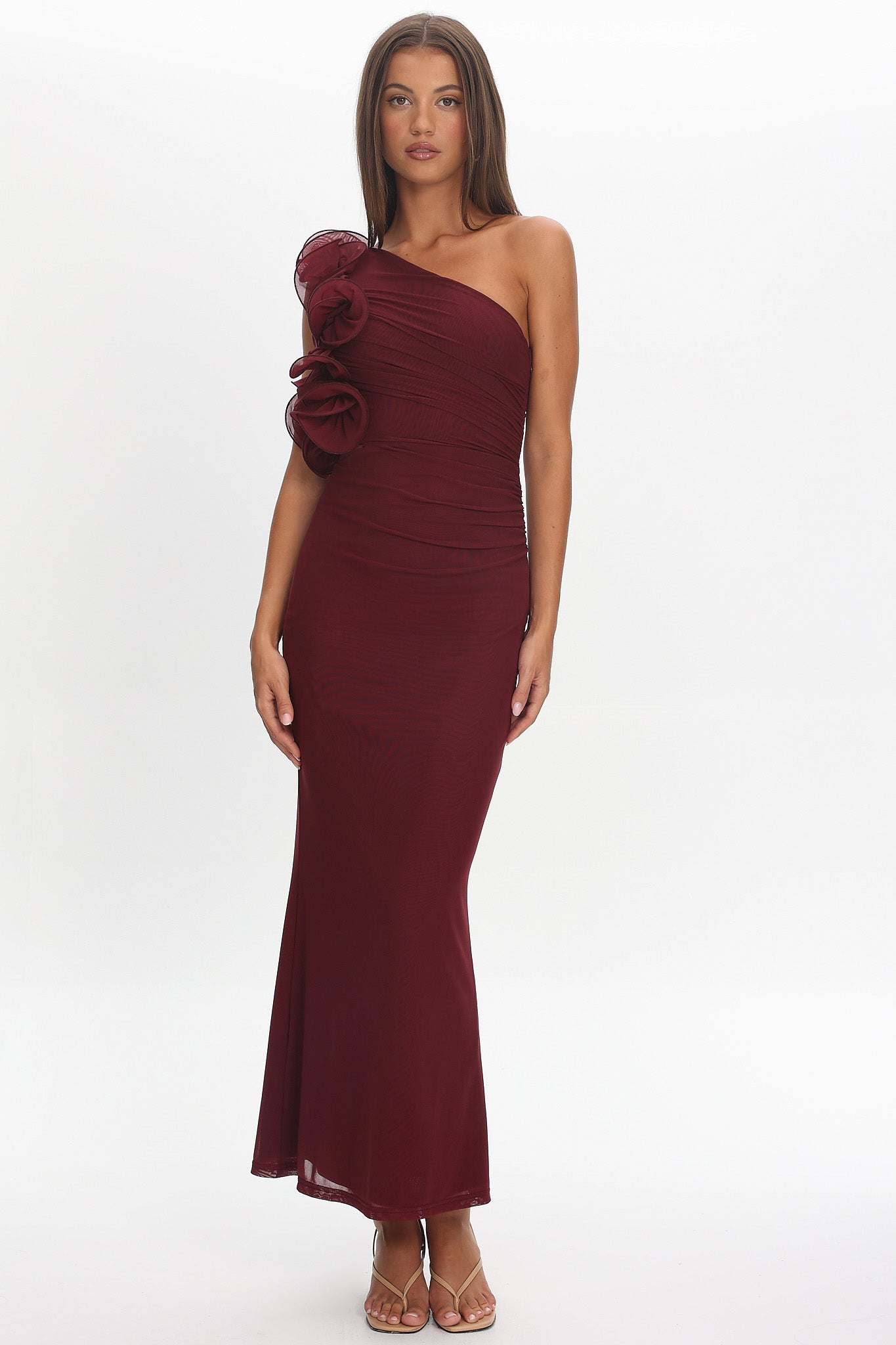 Deanna One-Shoulder Ruffle Maxi Dress Wine by Selfie Leslie Australia