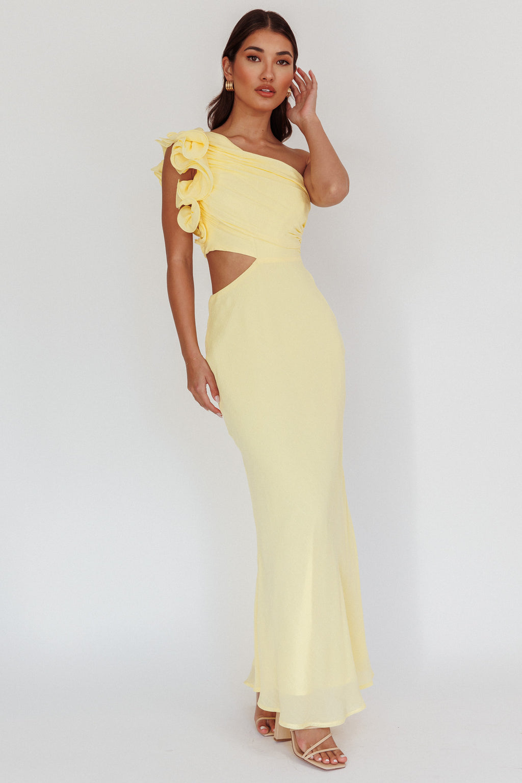 Deanna One-Shoulder Ruffle Maxi Dress Yellow by Selfie Leslie Australia