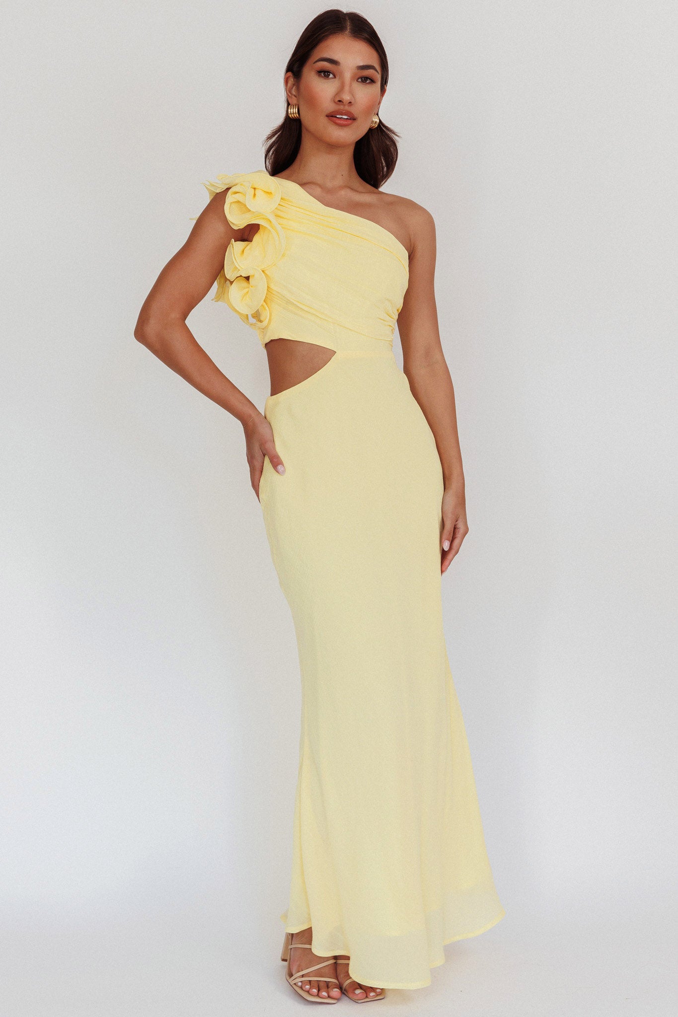 Deanna One-Shoulder Ruffle Maxi Dress Yellow by Selfie Leslie Australia