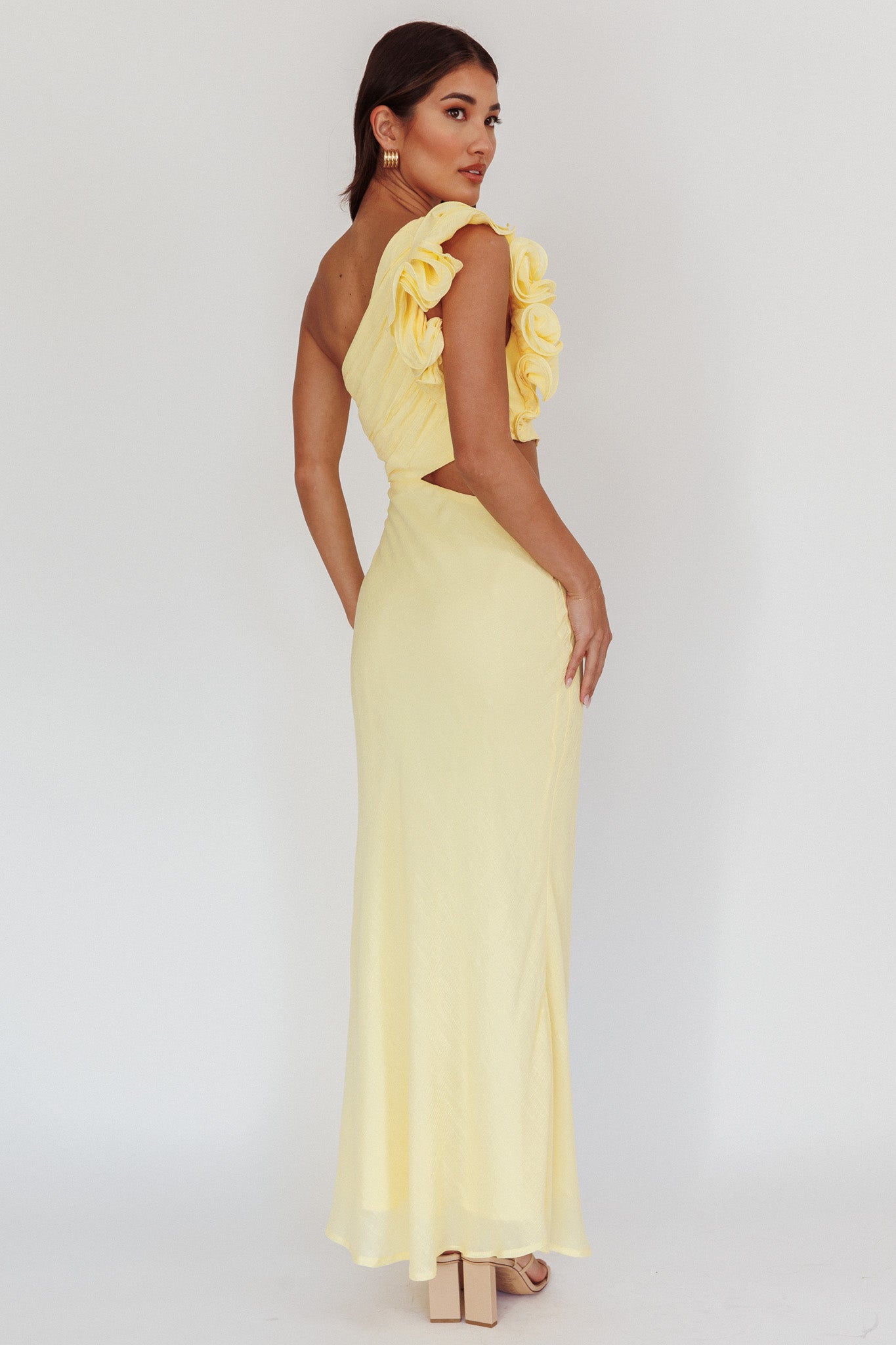 Deanna One-Shoulder Ruffle Maxi Dress Yellow by Selfie Leslie Australia