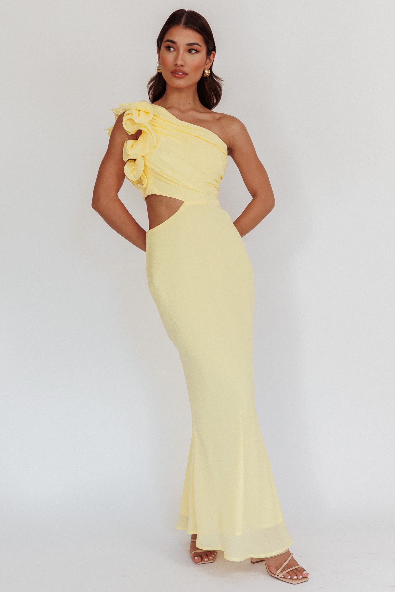 Deanna One-Shoulder Ruffle Maxi Dress Yellow by Selfie Leslie Australia