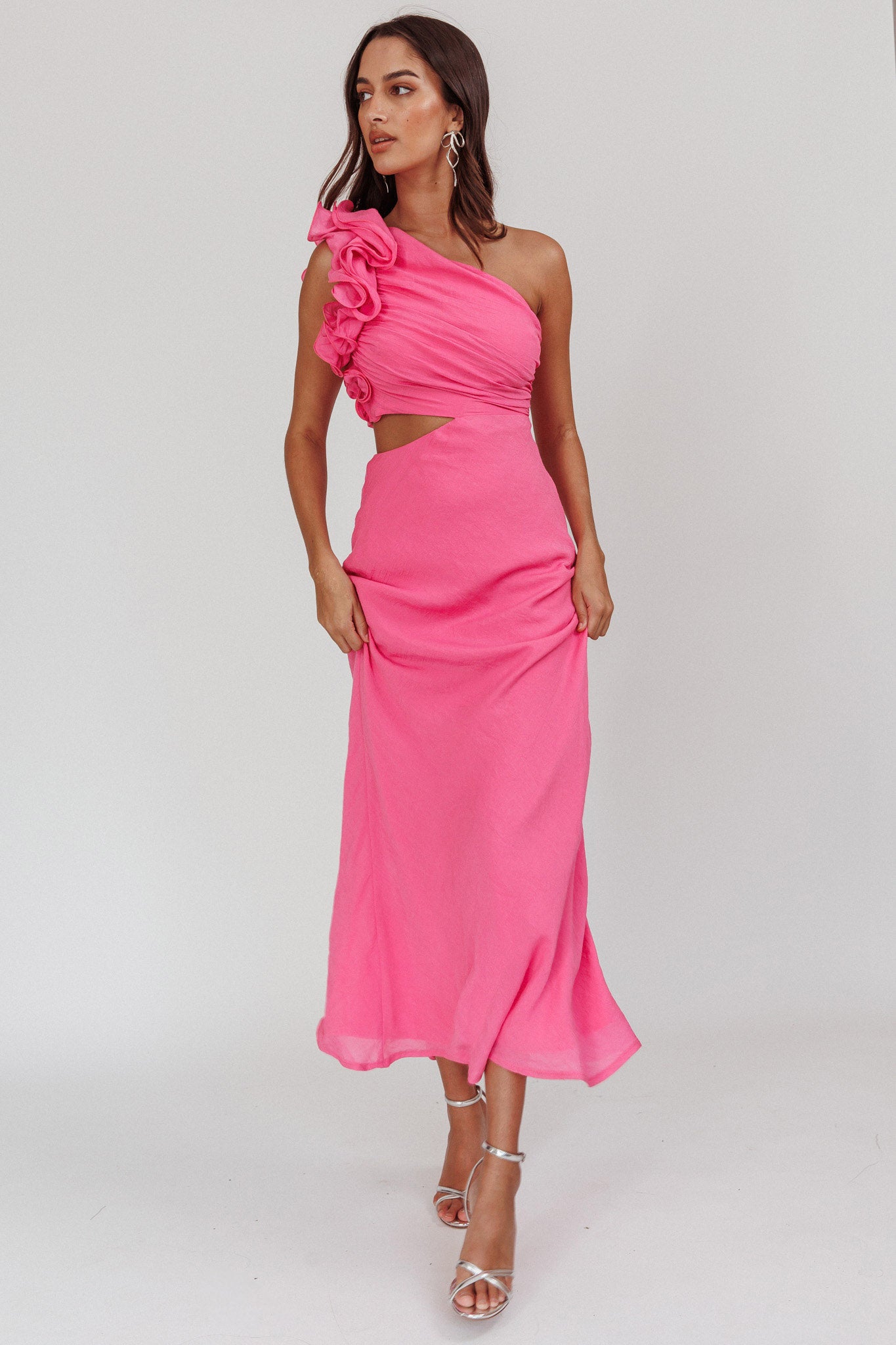 Deanna One-Shoulder Ruffle Maxi Dress Hot Pink by Selfie Leslie Australia