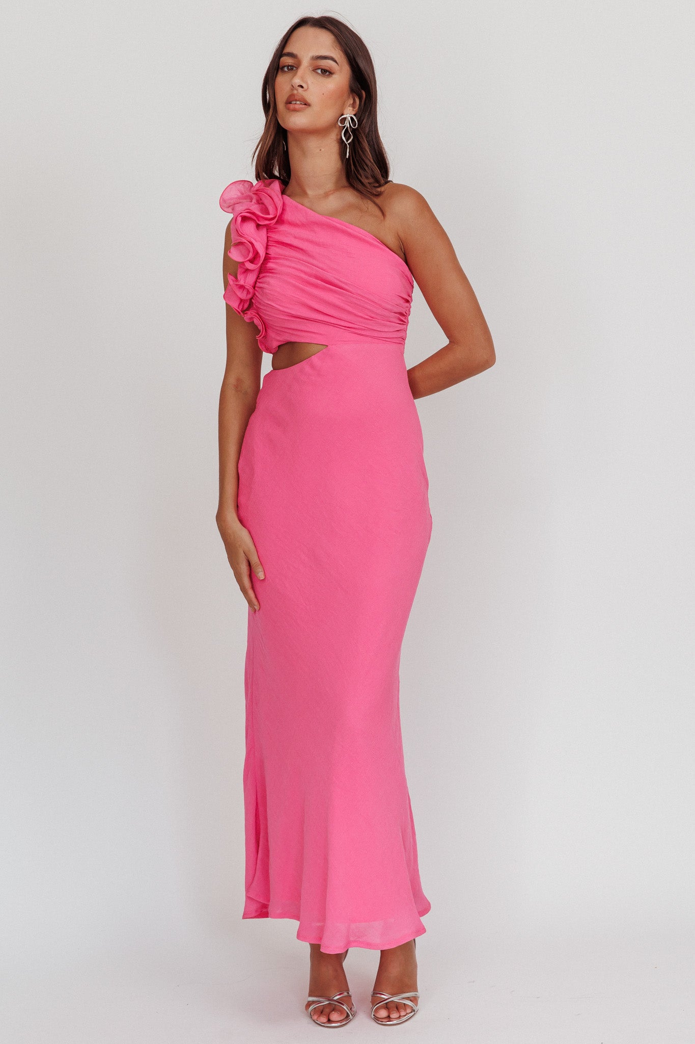 Deanna One-Shoulder Ruffle Maxi Dress Hot Pink by Selfie Leslie Australia