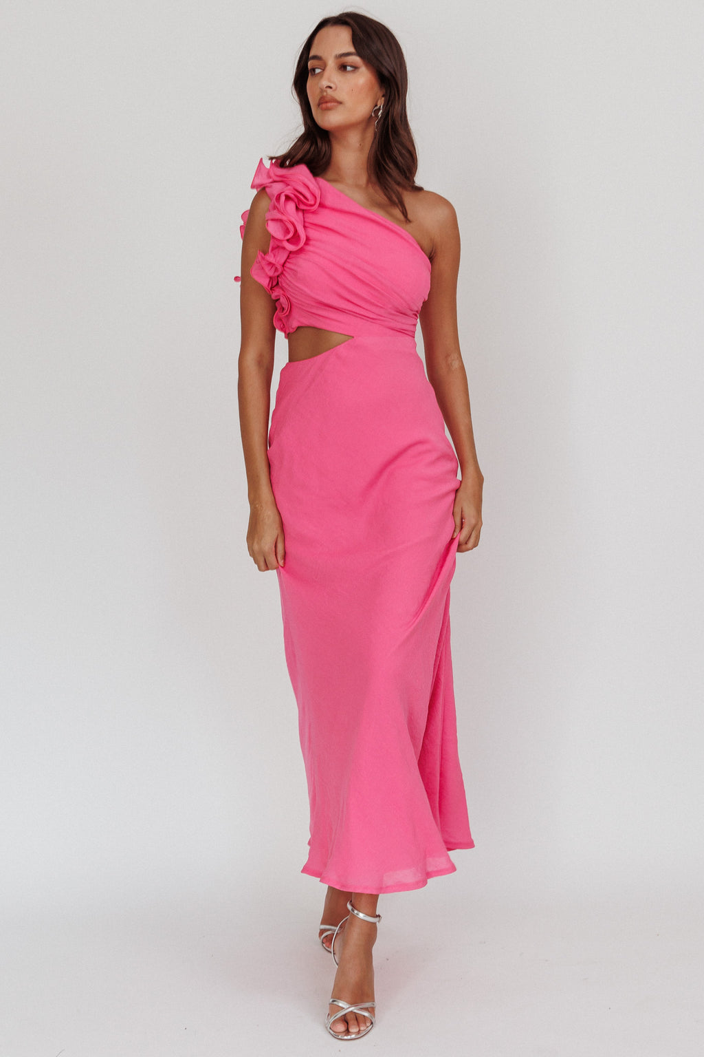 Deanna One-Shoulder Ruffle Maxi Dress Hot Pink by Selfie Leslie Australia