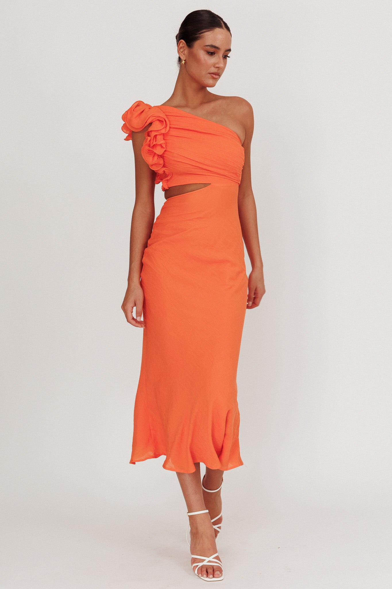 Deanna One-Shoulder Ruffle Maxi Dress Orange by Selfie Leslie Australia