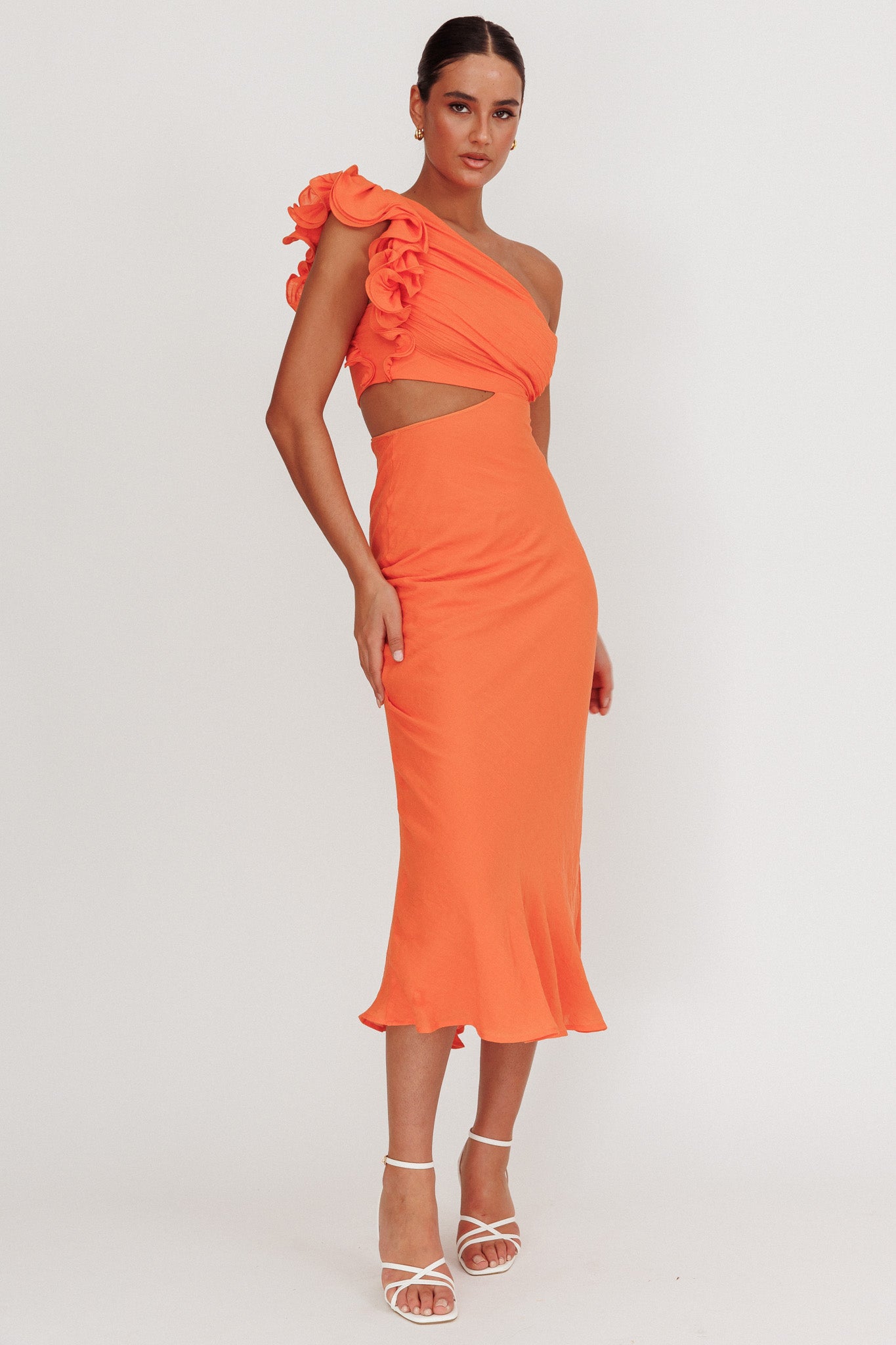Deanna One-Shoulder Ruffle Maxi Dress Orange by Selfie Leslie Australia