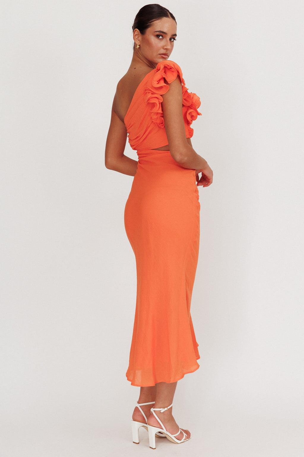 Deanna One-Shoulder Ruffle Maxi Dress Orange by Selfie Leslie Australia