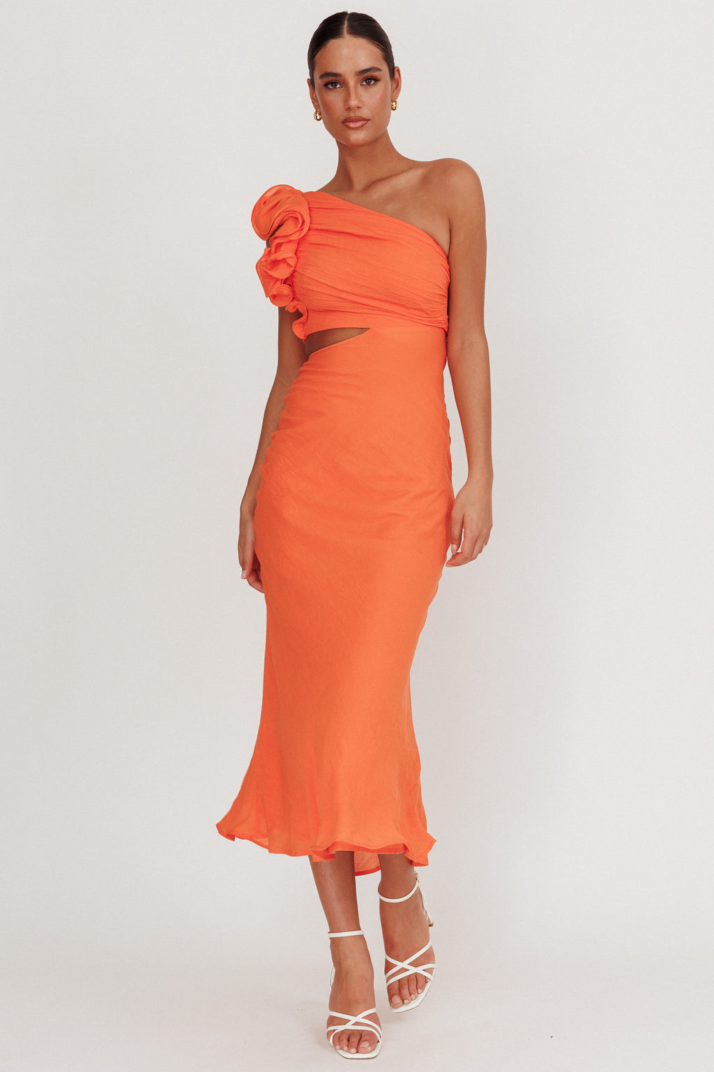 Deanna One-Shoulder Ruffle Maxi Dress Orange by Selfie Leslie Australia