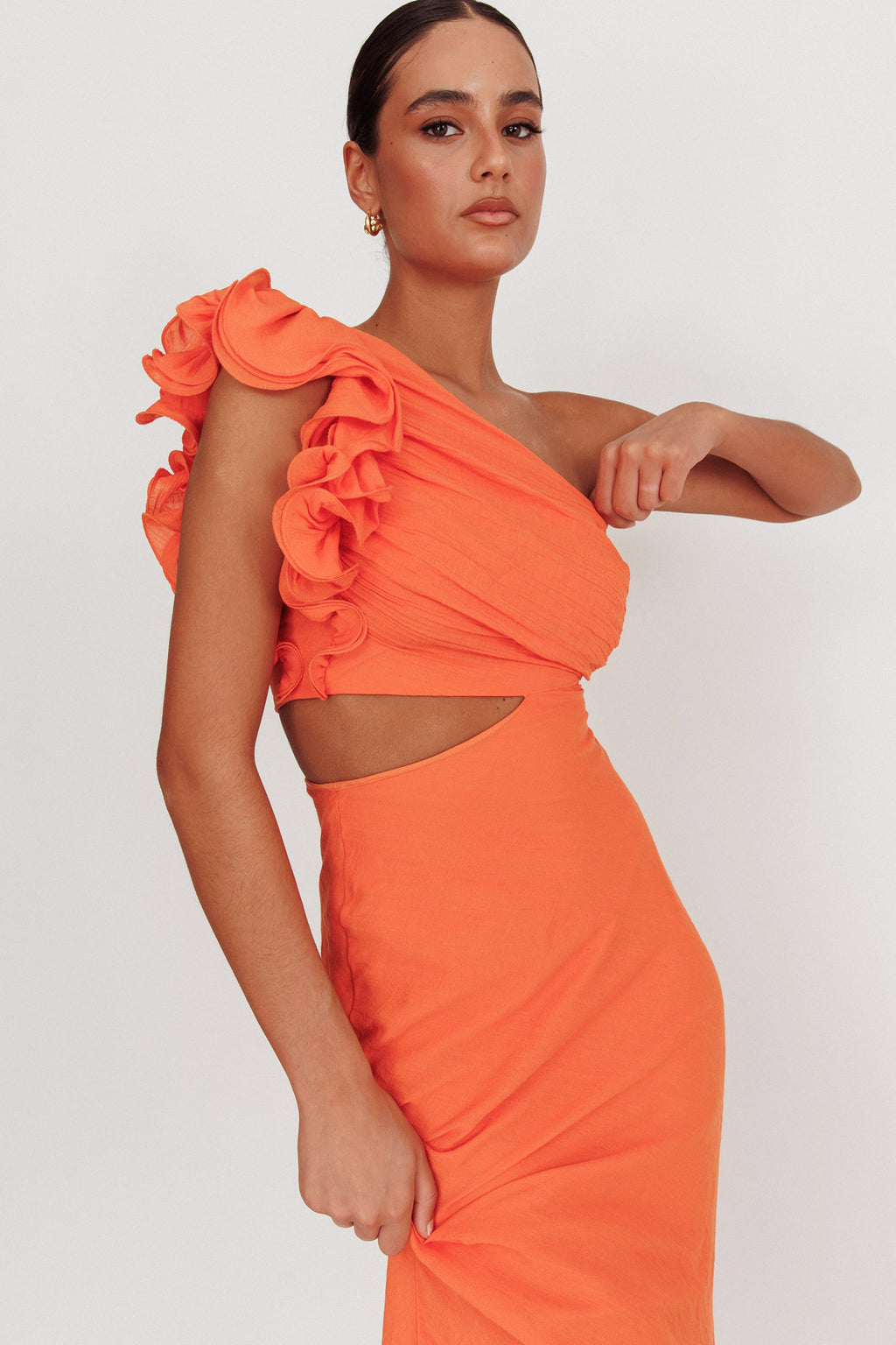 Deanna One-Shoulder Ruffle Maxi Dress Orange by Selfie Leslie Australia