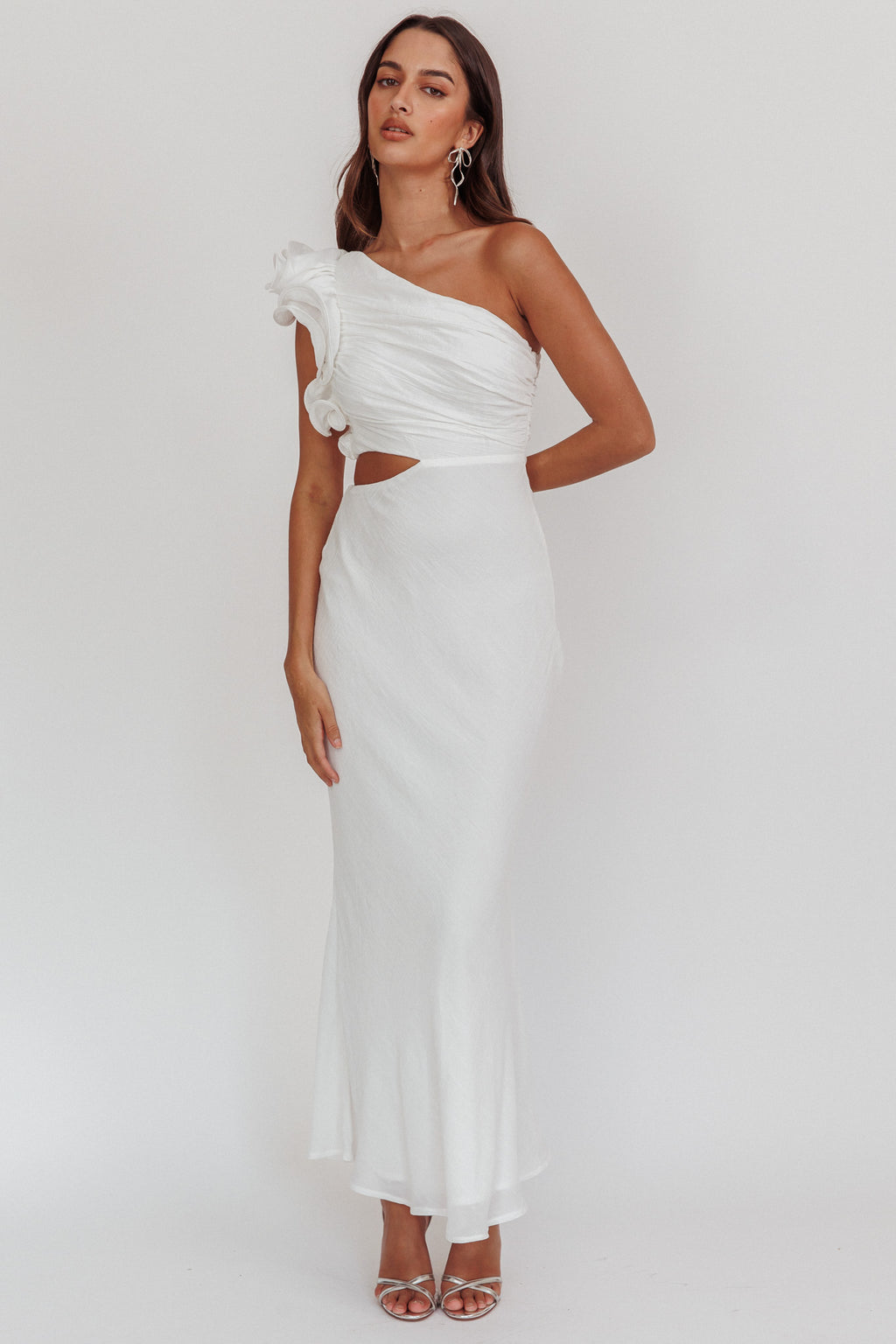 Deanna One-Shoulder Ruffle Maxi Dress White by Selfie Leslie Australia