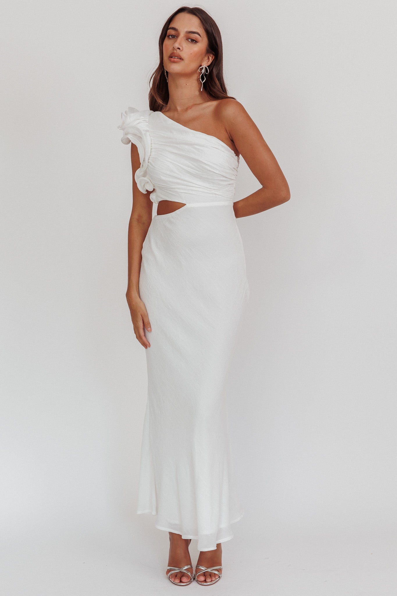 Deanna One-Shoulder Ruffle Maxi Dress White by Selfie Leslie Australia