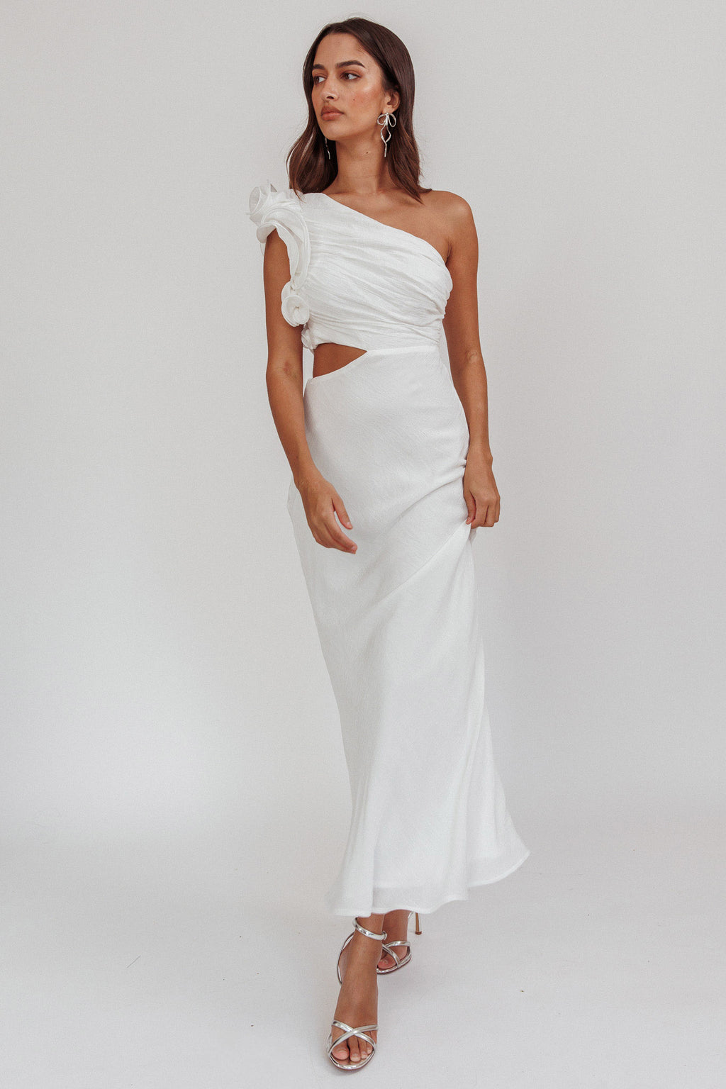 Deanna One-Shoulder Ruffle Maxi Dress White by Selfie Leslie Australia