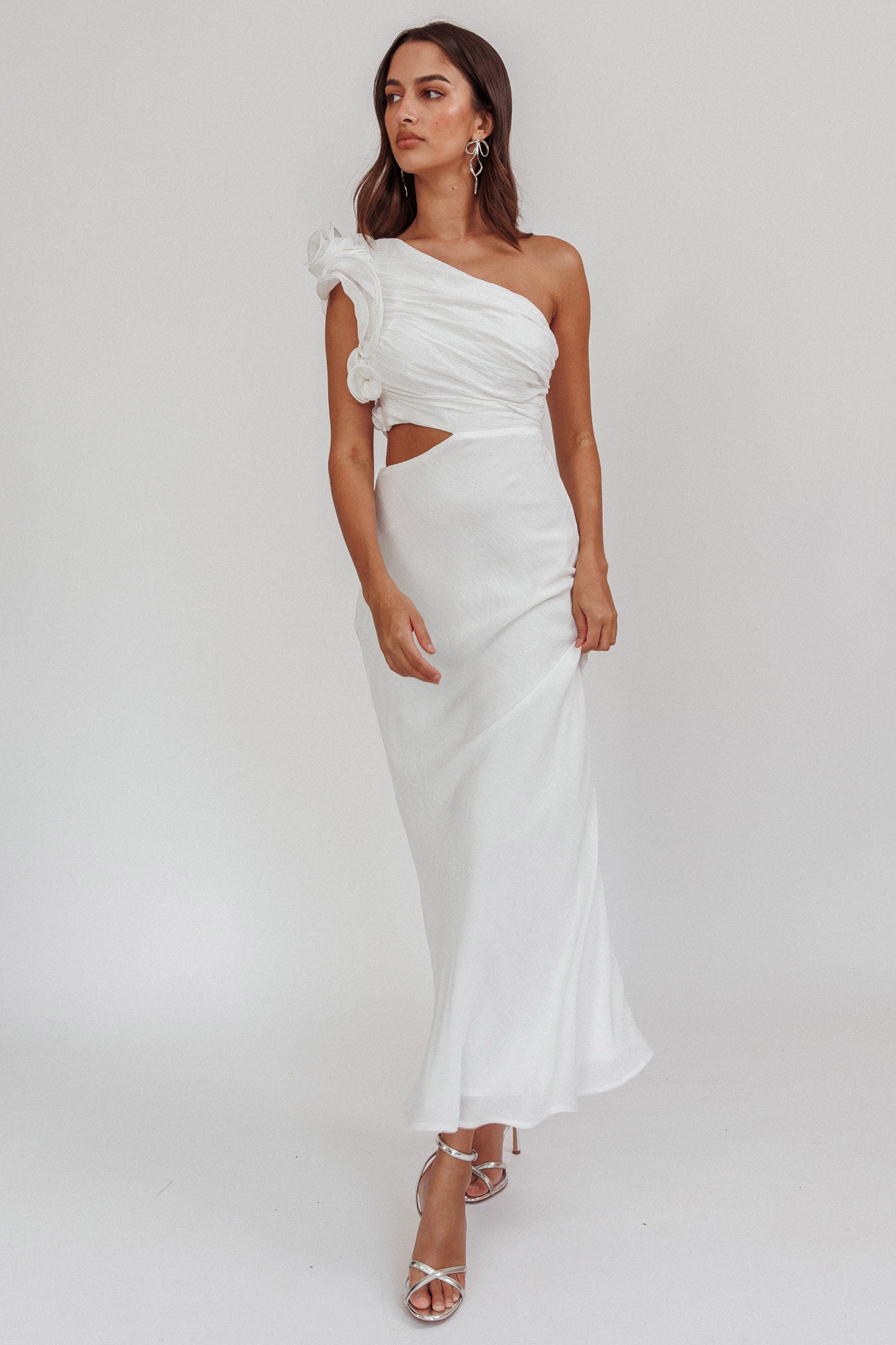 Deanna One-Shoulder Ruffle Maxi Dress White by Selfie Leslie Australia