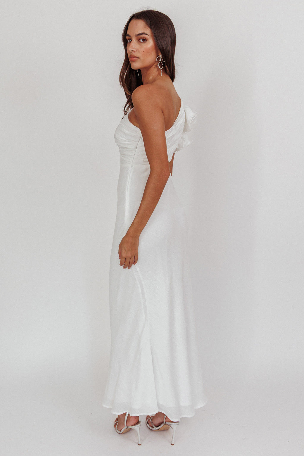 Deanna One-Shoulder Ruffle Maxi Dress White by Selfie Leslie Australia