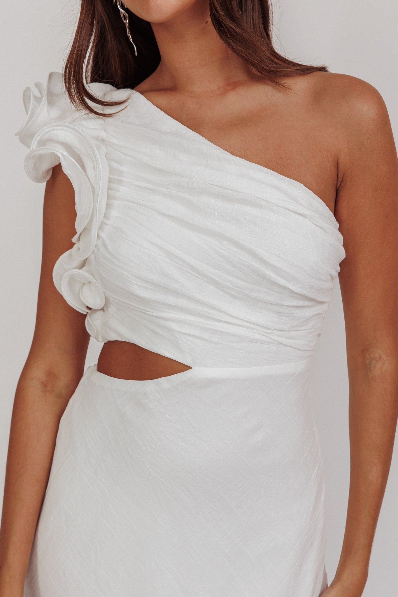 Deanna One-Shoulder Ruffle Maxi Dress White by Selfie Leslie Australia