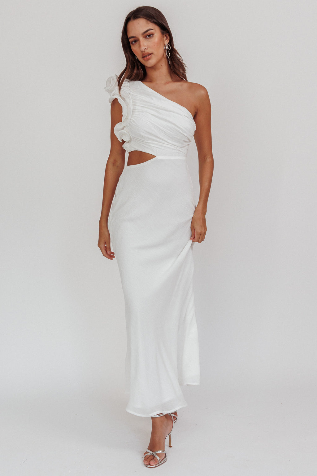 Deanna One-Shoulder Ruffle Maxi Dress White by Selfie Leslie Australia