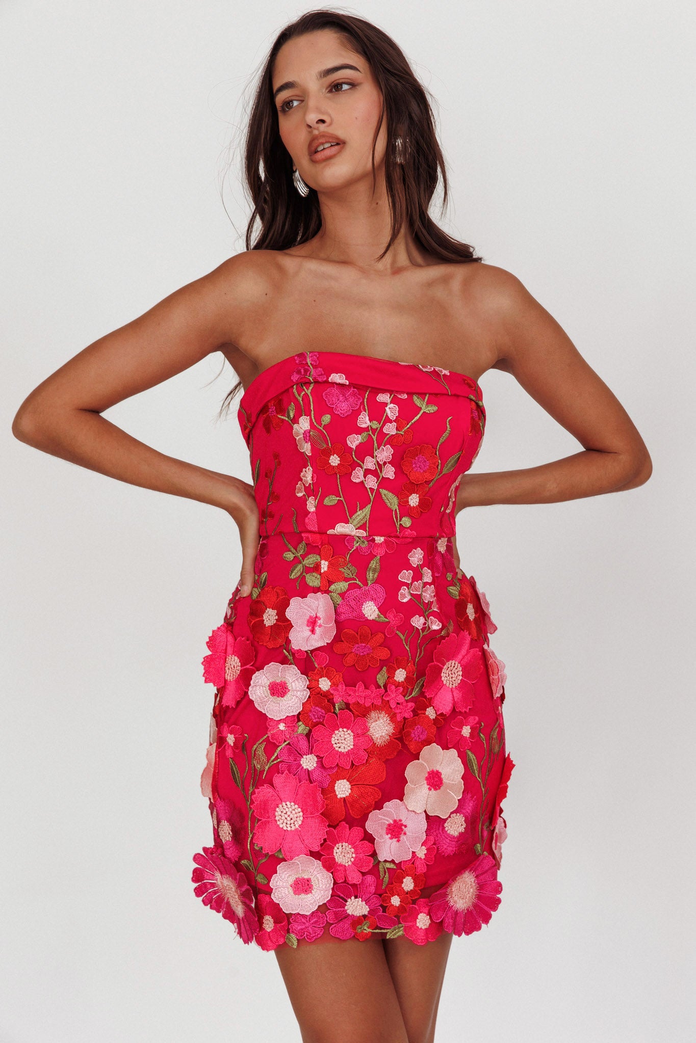 Flora Day Strapless Floral Embellished Mini Dress Fuchsia by Selfie Leslie Australia