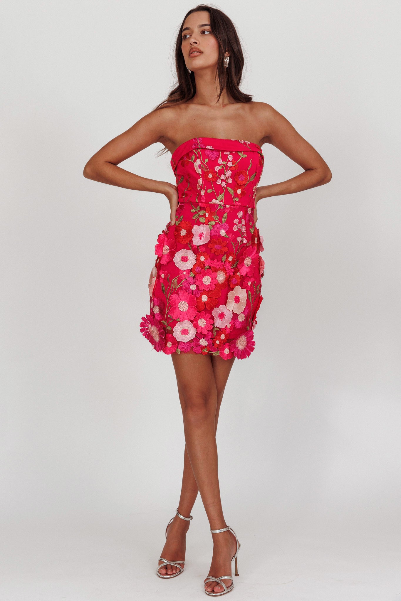 Flora Day Strapless Floral Embellished Mini Dress Fuchsia by Selfie Leslie Australia