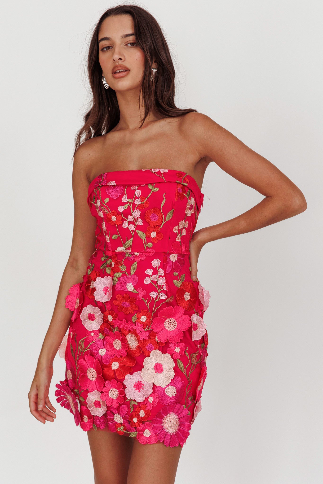 Flora Day Strapless Floral Embellished Mini Dress Fuchsia by Selfie Leslie Australia