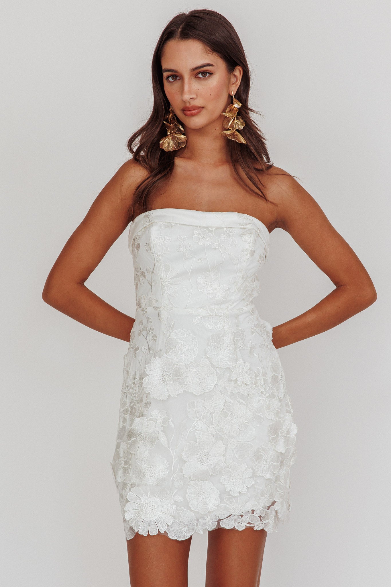 Flora Day Strapless Floral Embellished Mini Dress White by Selfie Leslie Australia