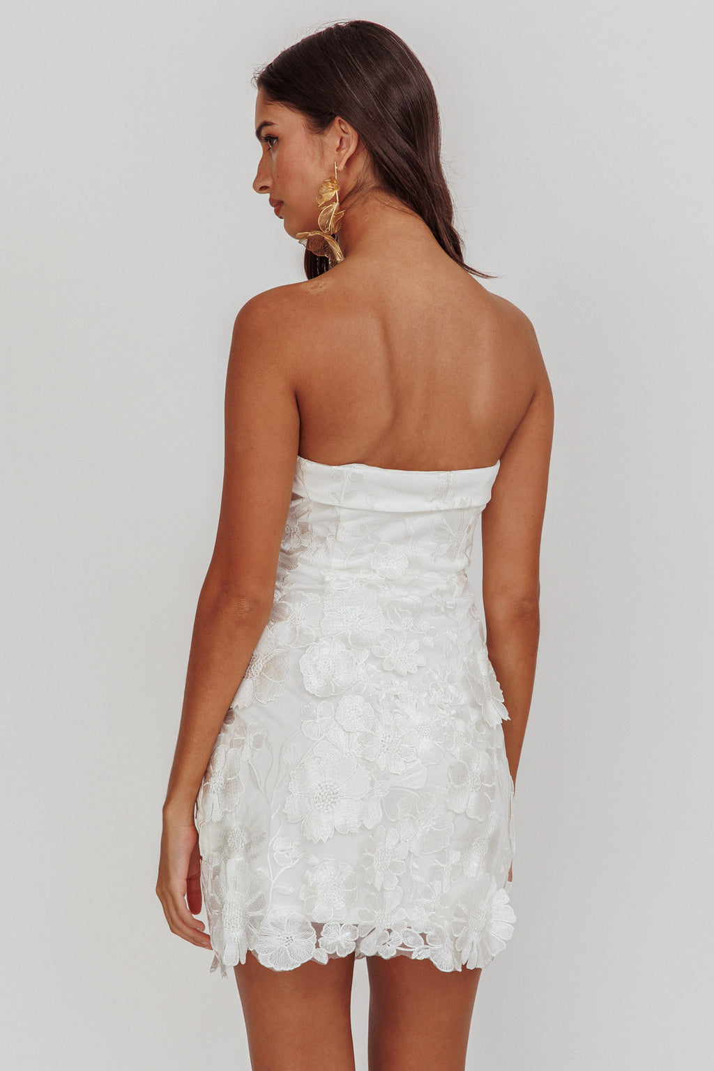 Flora Day Strapless Floral Embellished Mini Dress White by Selfie Leslie Australia