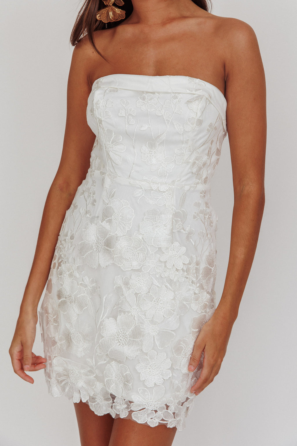 Flora Day Strapless Floral Embellished Mini Dress White by Selfie Leslie Australia