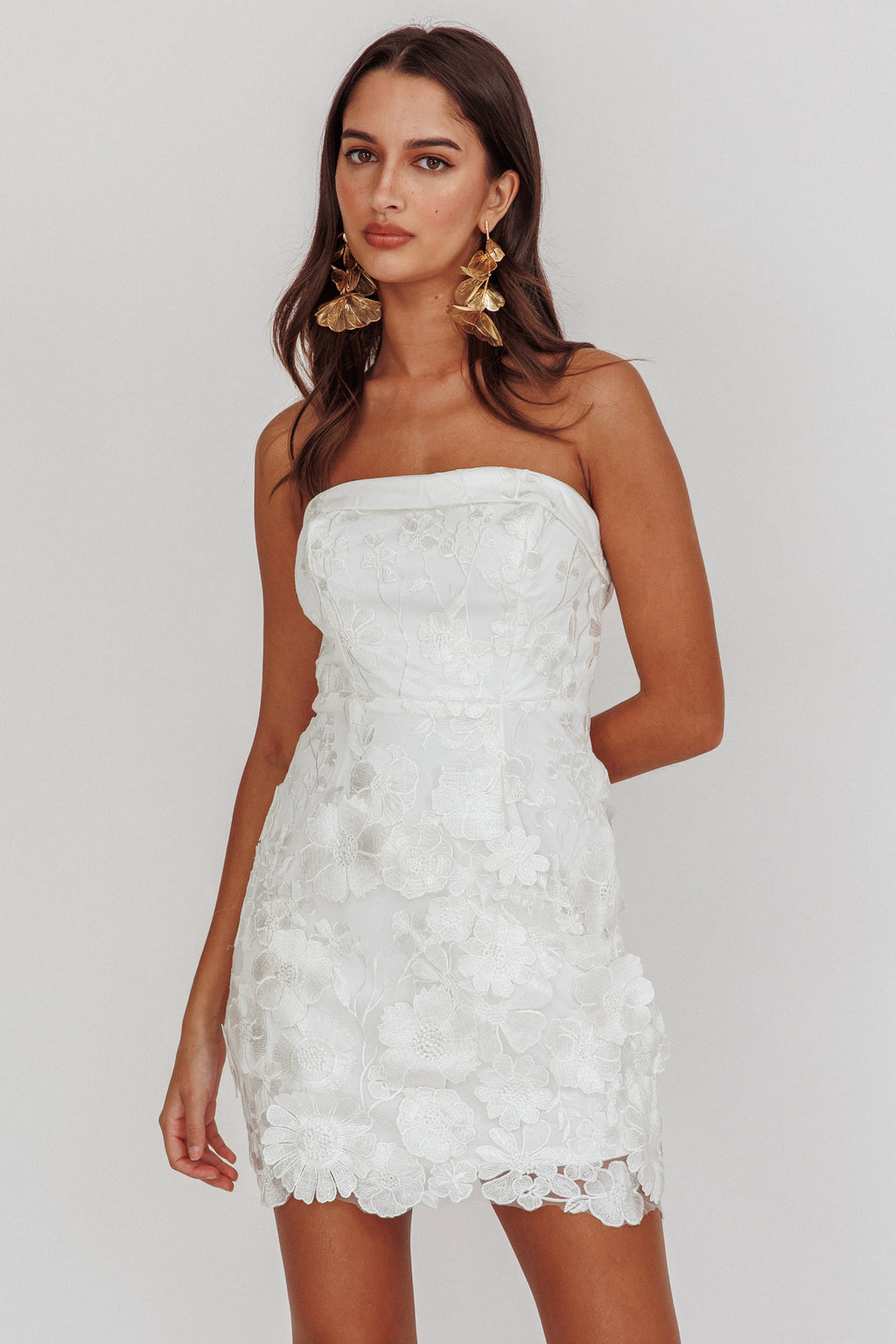 Flora Day Strapless Floral Embellished Mini Dress White by Selfie Leslie Australia