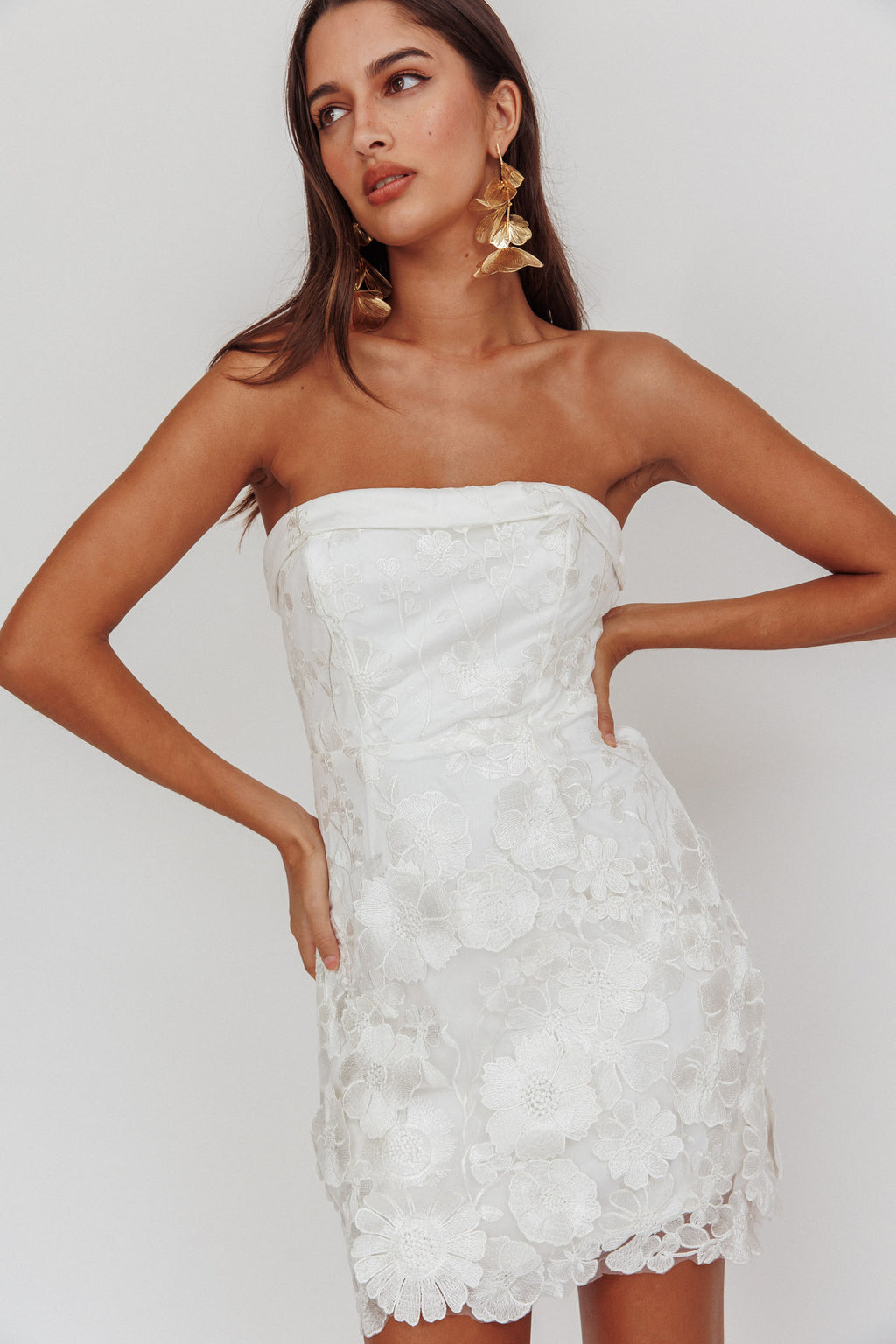 Flora Day Strapless Floral Embellished Mini Dress White by Selfie Leslie Australia