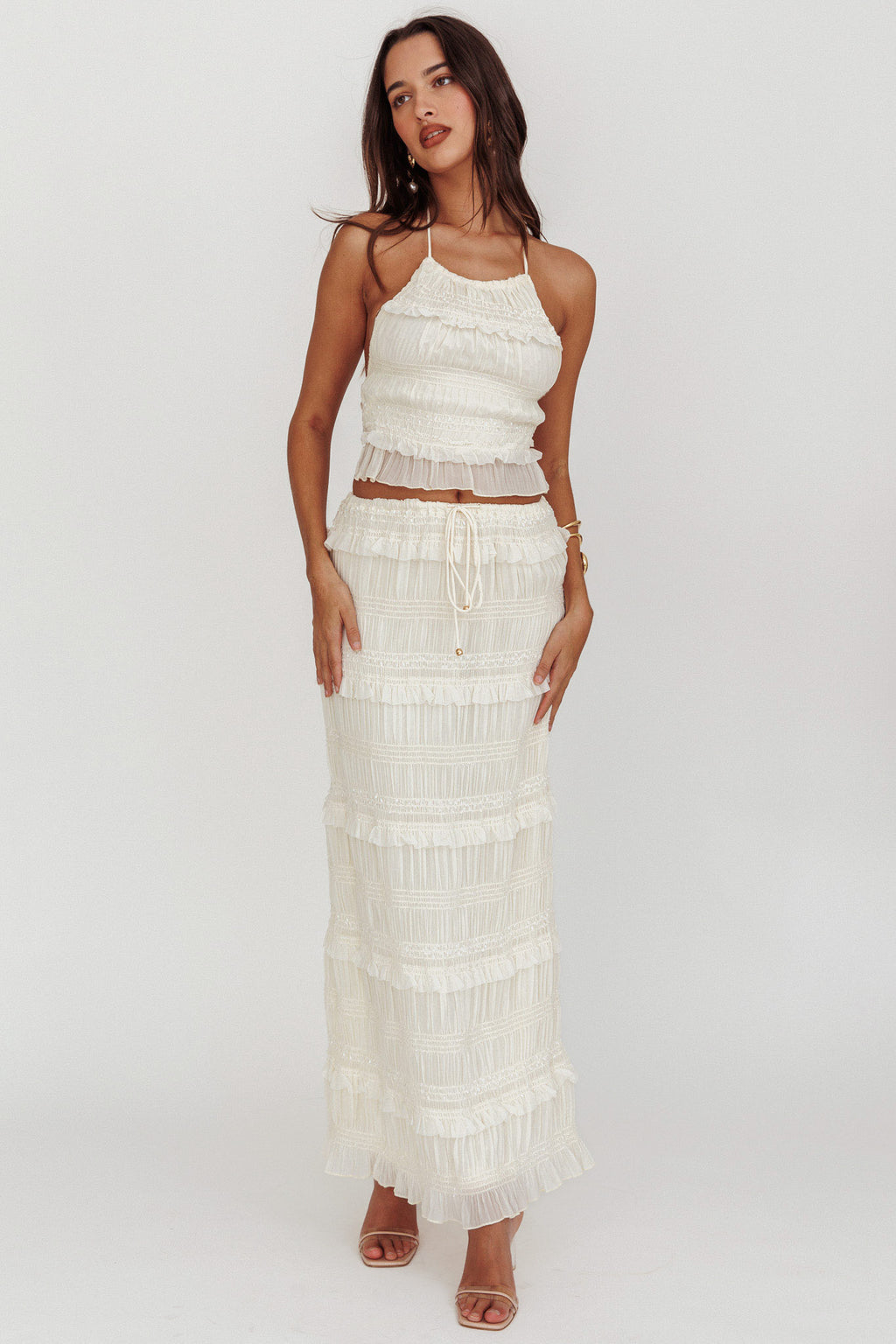 Helios Shirred Sequin Maxi Skirt Beige by Selfie Leslie Australia