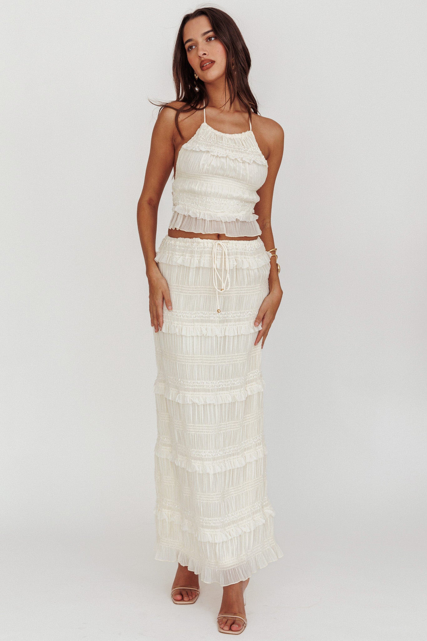 Helios Shirred Sequin Maxi Skirt Beige by Selfie Leslie Australia