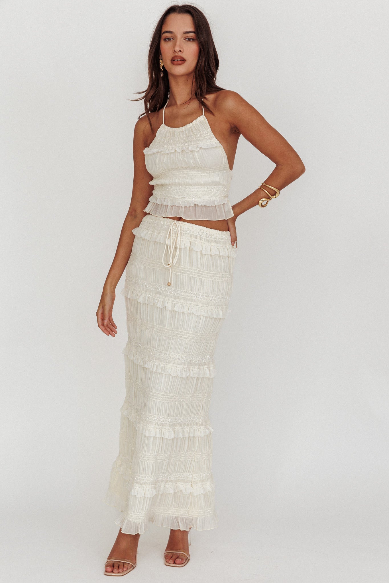 Helios Shirred Sequin Maxi Skirt Beige by Selfie Leslie Australia