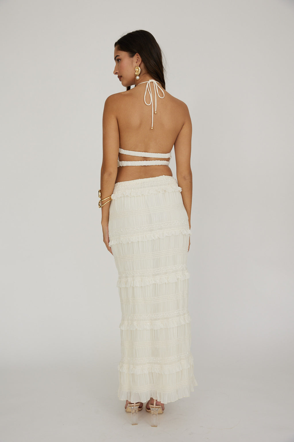Helios Shirred Sequin Maxi Skirt Beige by Selfie Leslie Australia