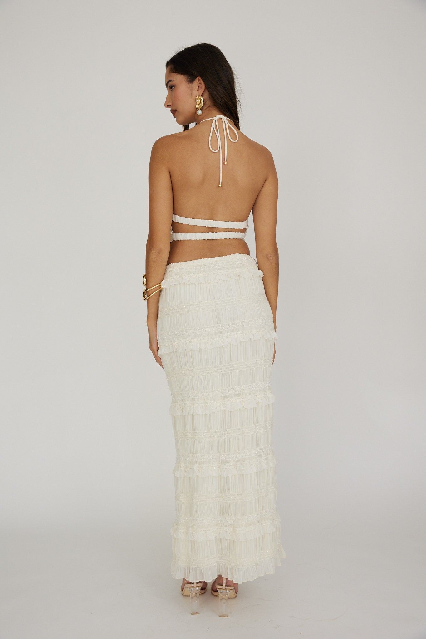 Helios Shirred Sequin Maxi Skirt Beige by Selfie Leslie Australia