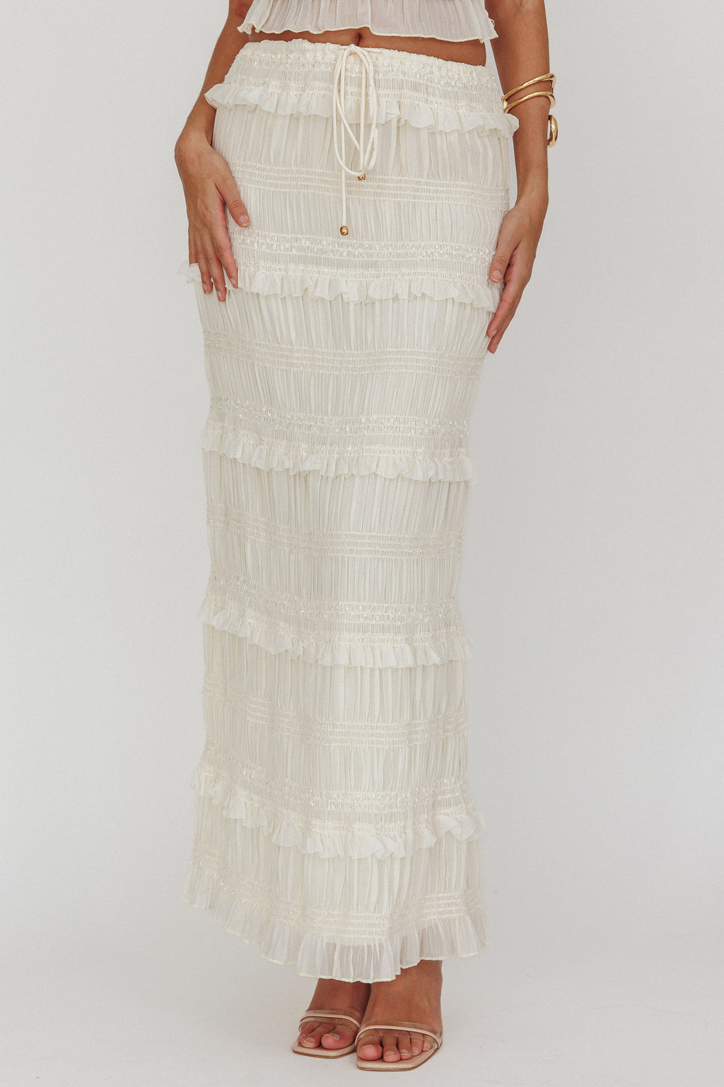 Helios Shirred Sequin Maxi Skirt Beige by Selfie Leslie Australia