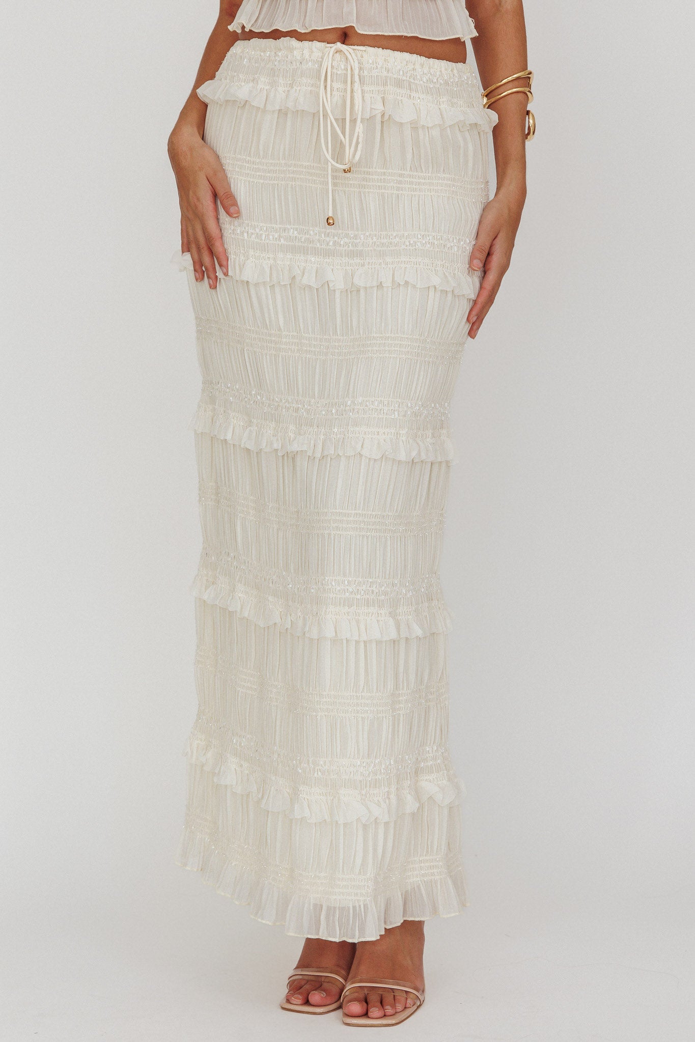 Helios Shirred Sequin Maxi Skirt Beige by Selfie Leslie Australia