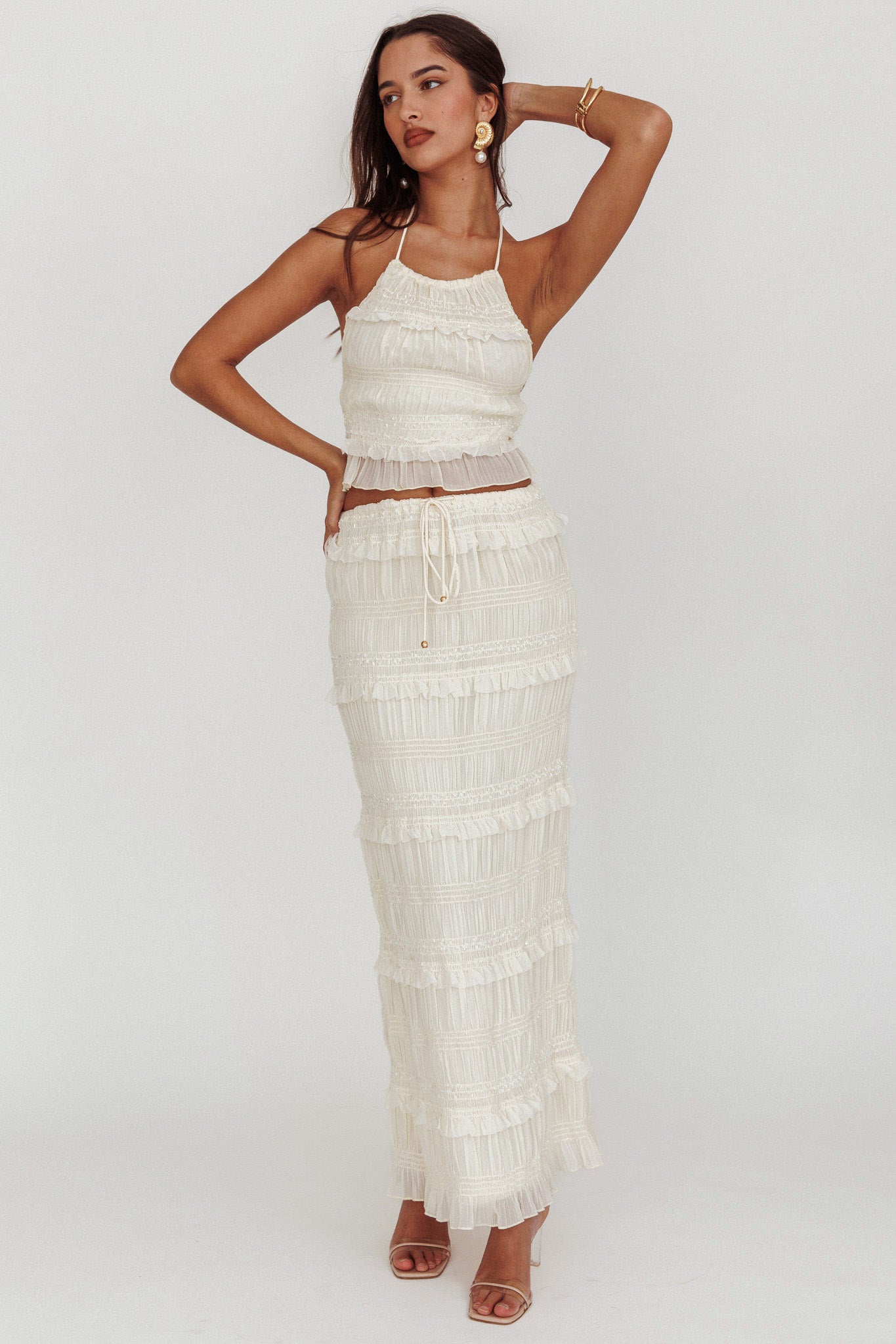 Helios Shirred Sequin Maxi Skirt Beige by Selfie Leslie Australia