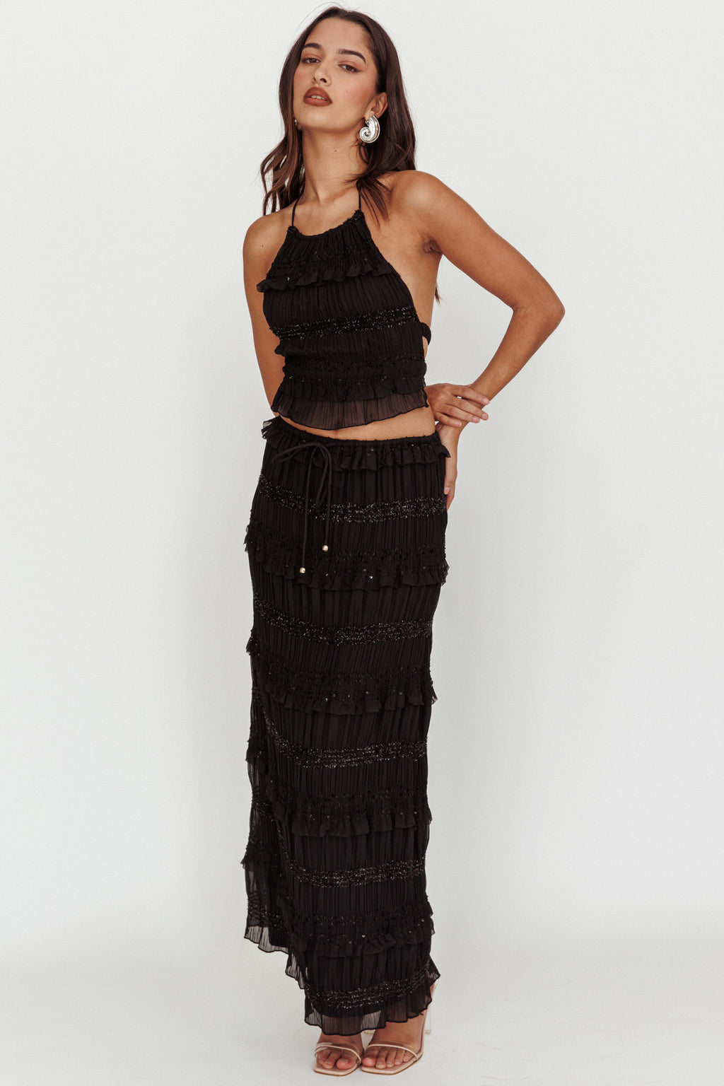 Helios Shirred Sequin Maxi Skirt Black by Selfie Leslie Australia
