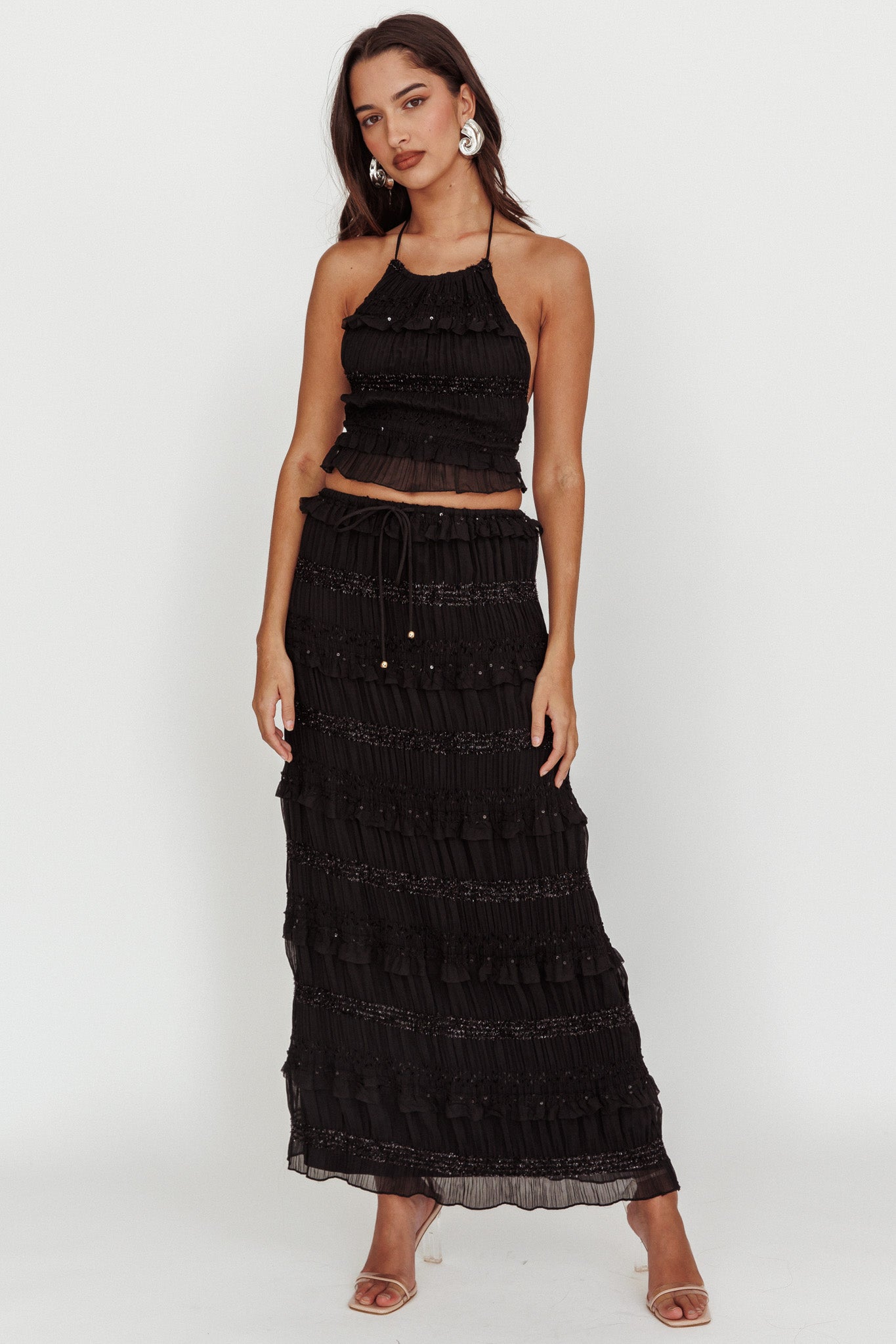 Helios Shirred Sequin Maxi Skirt Black by Selfie Leslie Australia
