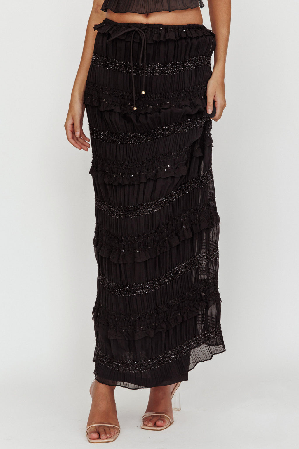 Helios Shirred Sequin Maxi Skirt Black by Selfie Leslie Australia